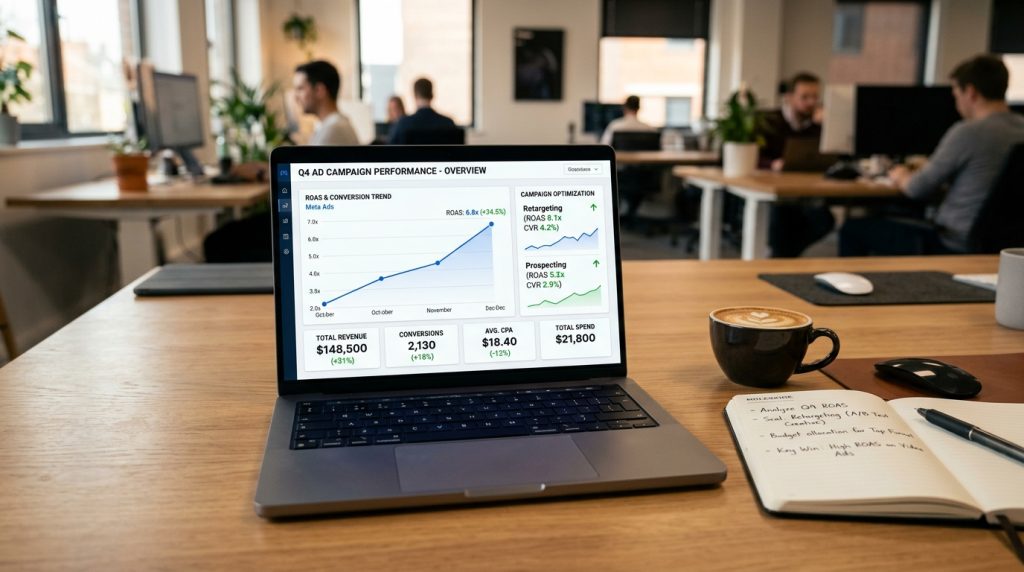 Dashboard metrik analitik iklan digital marketing dengan tren grafik ROAS positif di laptop kantor modern